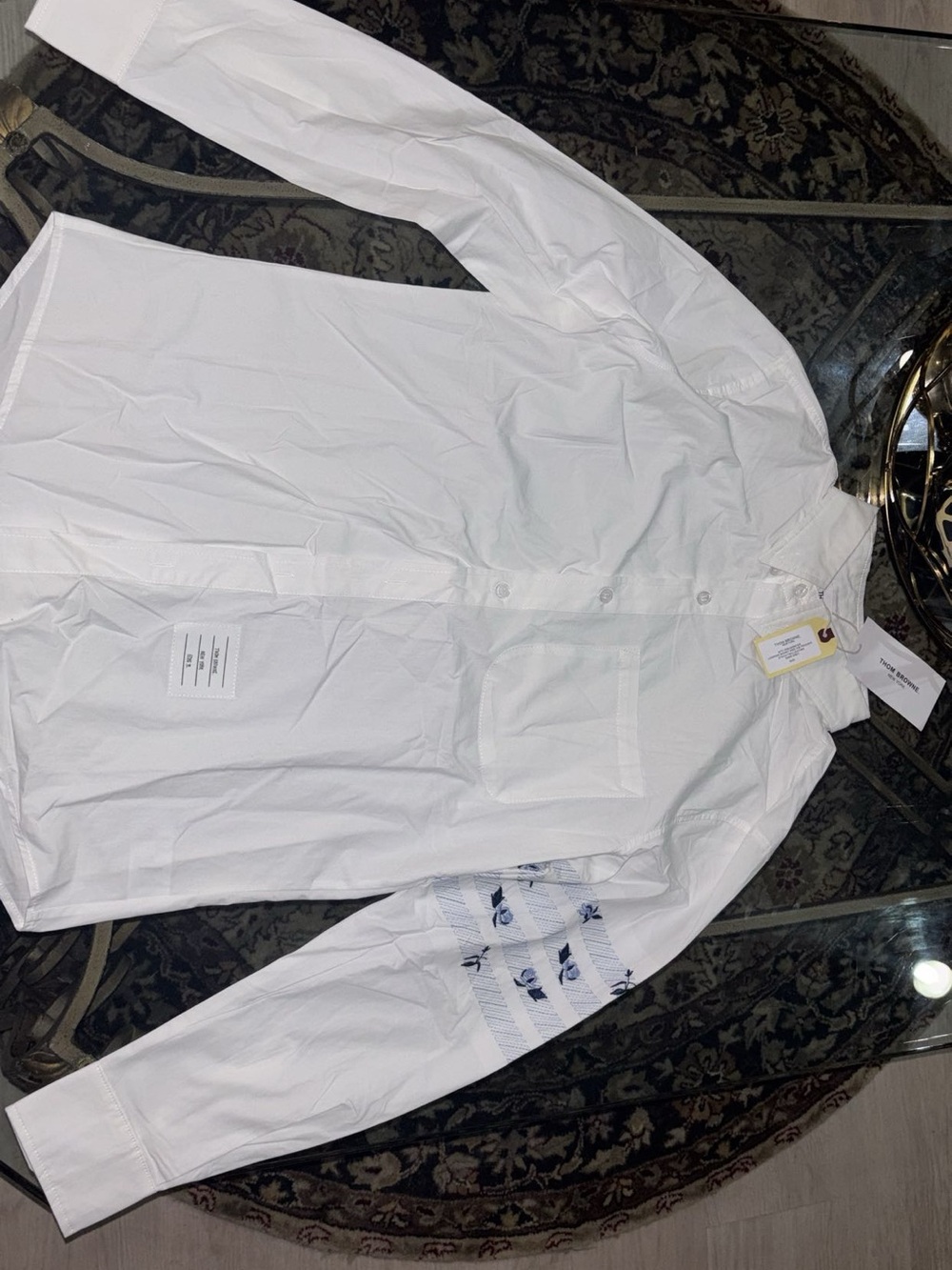 Thom Browne White Long-Sleeve Shirt Jacket with Embroidered Sleeve Detail